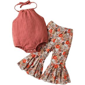Kaipiclos Toddler Baby Girl Sleeveless Halter Ribbed Solid Romper Sunflower Floral Print Flare Bell Bottoms Pants Outfit in Saudi Arabia