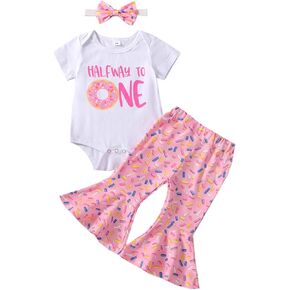 Lamuusaa Toddler Baby Girls Birthday Outfits Sweet One/Two Sweet Romper Shirts Doughnut Shorts/Flared Pants Headband Set in Kuwait