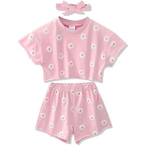 WESIDOM Toddler Girl Clothes Summer Outfit 3Pcs Short Set Headband 6M-6Y | Toddler Girl Clothes 12 Month Girl Clothes Toddler Girls Summer Outfit Set Daily Playwear 3 Pcs Baby Clothing in Kuwait