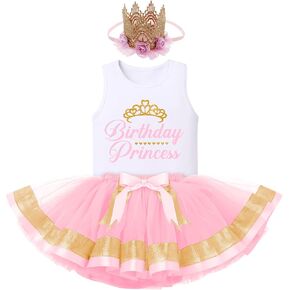 Girls Princess Birthday Outfit Vest Top + Tutu Skirt + Crown Headband Toddler Kids Cake Smash Clothes Photo Shoot 1-6T