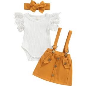 Madjtlqy Infant Girls Summer 3Pcs Outfit Sets Ruffle Short Sleeve Ribbed Romper + Suspender Skirt + Headband