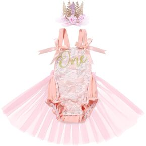 ODASDO Baby Girl's First Birthday Cake Smash Outfit Lace Romper Tutu Tulle Dress with Headband 2pcs Clothes Set