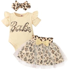 MIEKISA Baby Girls Romper and Leopard Mesh Dress Sets With Headband in Kuwait