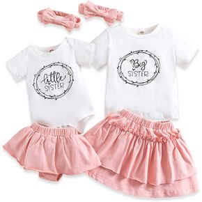 AMAWMW Big Sister Little Sister Matching Outfits Toddler Baby Girl Summer Clothes Short Sleeve Romper Ruffle Skirt 3PC Set in Saudi Arabia