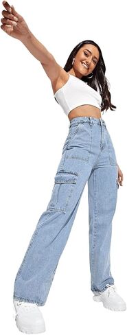 SweatyRocks Women's High Waist Cargo Jeans Flap Pocket Wide Leg Denim Pants in Saudi Arabia