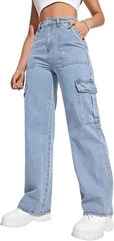 SweatyRocks Women's High Waist Cargo Jeans Flap Pocket Wide Leg Denim Pants in Saudi Arabia