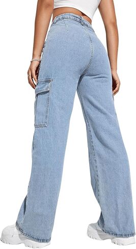 SweatyRocks Women's High Waist Cargo Jeans Flap Pocket Wide Leg Denim Pants in Saudi Arabia
