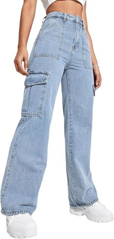 SweatyRocks Women's High Waist Cargo Jeans Flap Pocket Wide Leg Denim Pants in Saudi Arabia