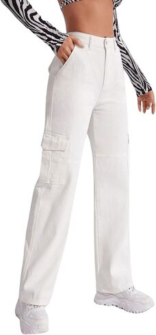 SweatyRocks Women's High Waist Cargo Jeans Flap Pocket Wide Leg Denim Pants in Saudi Arabia