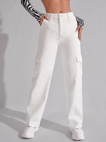SweatyRocks Women's High Waist Cargo Jeans Flap Pocket Wide Leg Denim Pants in Saudi Arabia