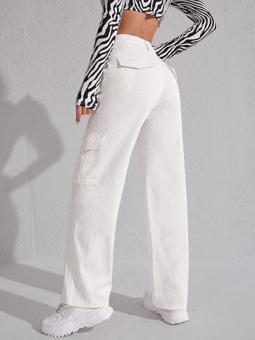 SweatyRocks Women's High Waist Cargo Jeans Flap Pocket Wide Leg Denim Pants in Saudi Arabia