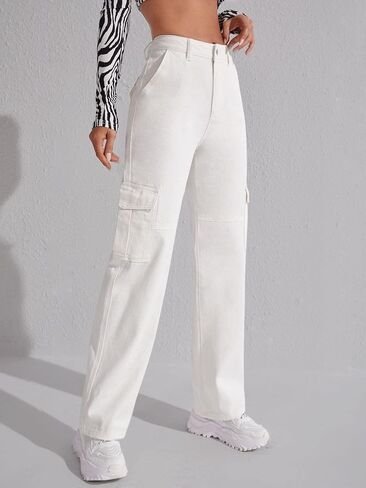 SweatyRocks Women's High Waist Cargo Jeans Flap Pocket Wide Leg Denim Pants in Saudi Arabia