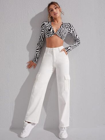 SweatyRocks Women's High Waist Cargo Jeans Flap Pocket Wide Leg Denim Pants in Saudi Arabia