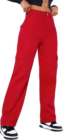 SweatyRocks Women's High Waist Cargo Jeans Flap Pocket Wide Leg Denim Pants in Saudi Arabia