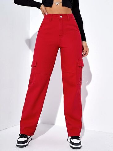 SweatyRocks Women's High Waist Cargo Jeans Flap Pocket Wide Leg Denim Pants in Saudi Arabia