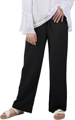 utcoco Women's Cotton Linen Drawstring High Waisted Pants Casual Loose Fit Wide Leg Trousers in Kuwait