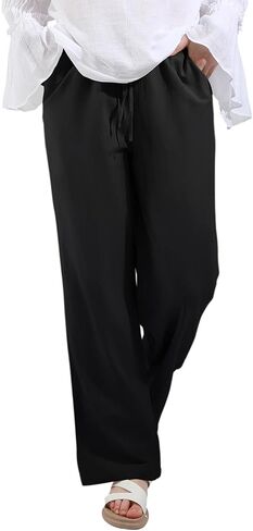 utcoco Women's Cotton Linen Drawstring High Waisted Pants Casual Loose Fit Wide Leg Trousers in Kuwait