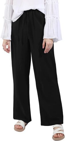 utcoco Women's Cotton Linen Drawstring High Waisted Pants Casual Loose Fit Wide Leg Trousers in Kuwait