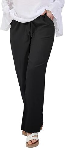 utcoco Women's Cotton Linen Drawstring High Waisted Pants Casual Loose Fit Wide Leg Trousers in Kuwait