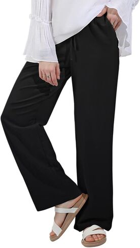 utcoco Women's Cotton Linen Drawstring High Waisted Pants Casual Loose Fit Wide Leg Trousers in Kuwait