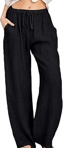 utcoco Women's Cotton Linen Drawstring High Waisted Pants Casual Loose Fit Wide Leg Trousers in Kuwait