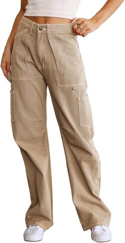 Dokotoo Women 6 Pockets High Waisted Cargo Pants Wide Leg Casual Pants Combat Military Trouser US 4-18 in Saudi Arabia