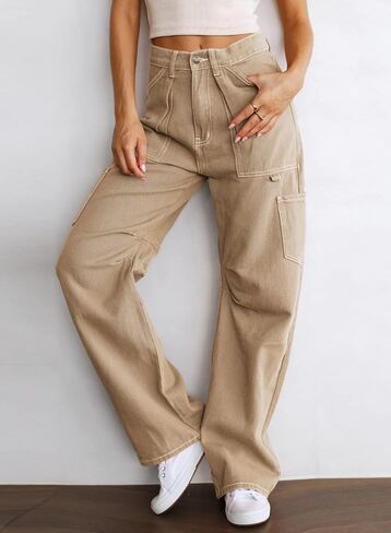 Dokotoo Women 6 Pockets High Waisted Cargo Pants Wide Leg Casual Pants Combat Military Trouser US 4-18 in Saudi Arabia