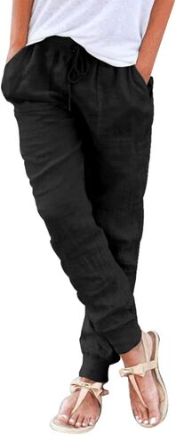 Puimentiua Womens Tapered Pants Cotton Linen Drawstring Back Elastic Waist Pants Casual Trousers with Pockets in Kuwait