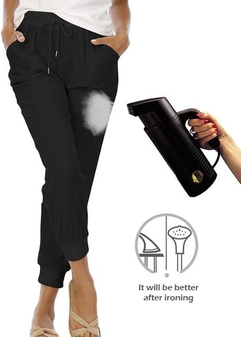 Puimentiua Womens Tapered Pants Cotton Linen Drawstring Back Elastic Waist Pants Casual Trousers with Pockets in Kuwait