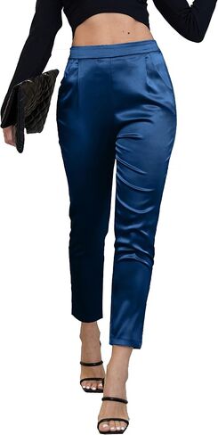 heipeiwa Women's Satin Pants Dress Casual Pleated Pull on High Waist Pants with Pockets in Kuwait