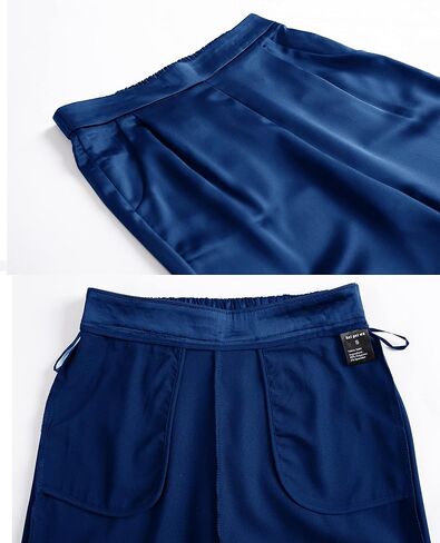 heipeiwa Women's Satin Pants Dress Casual Pleated Pull on High Waist Pants with Pockets in Kuwait