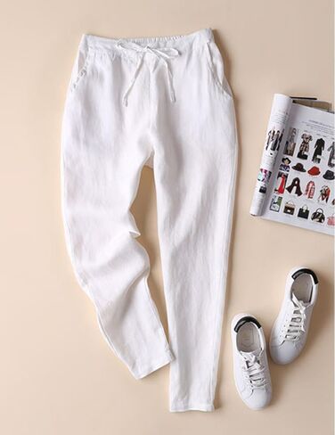 IXIMO Women's Tapered Pants 100% Linen Drawstring Back Elastic Waist Ankle Length Pants in Kuwait