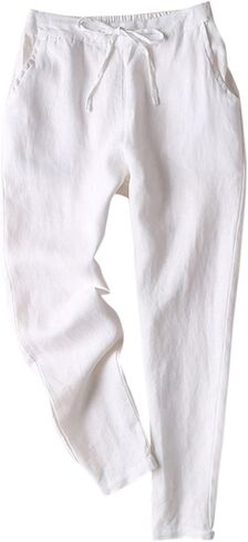 IXIMO Women's Tapered Pants 100% Linen Drawstring Back Elastic Waist Ankle Length Pants in Kuwait