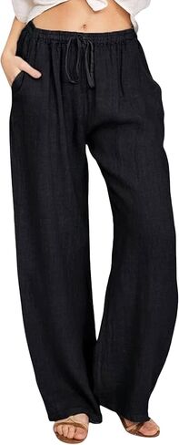CHARTOU Women's Summer Drawstring Waist Wide Leg Loose Cotton Linen Palazzo Pants in Saudi Arabia