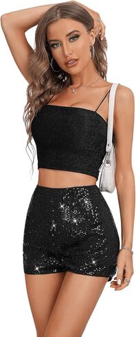 SweatyRocks Women's Sequins High Elastic Waist Straight Leg Shorts Solid Glitter Party Shorts in Saudi Arabia