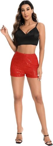 شورت SweatyRocks للسيدات مزين بالترتر عالي المرونة وخصر مستقيم وأرجل قصيرة لامعة للحفلات in Kuwait