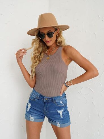 LookbookStore Women's High Waisted Rolled Hem Distressed Jeans Ripped Denim Shorts in Kuwait
