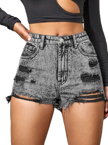 Floerns Women's Ripped Raw Hem High Waisted Distressed Denim Shorts in Saudi Arabia