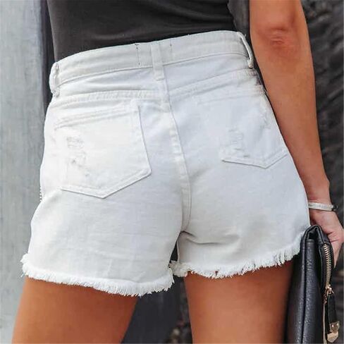 Women Mid Rise Ripped Stretchy Jeans Frayed Raw Hem Casual Tassels Denim Shorts in Kuwait