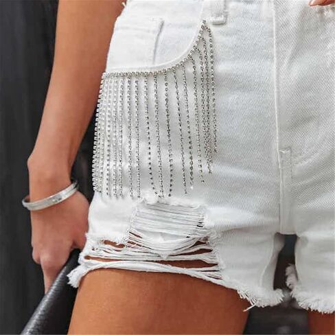 Women Mid Rise Ripped Stretchy Jeans Frayed Raw Hem Casual Tassels Denim Shorts in Kuwait