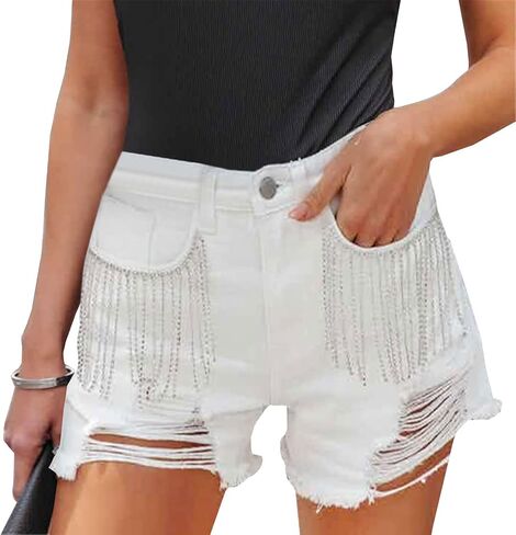 Women Mid Rise Ripped Stretchy Jeans Frayed Raw Hem Casual Tassels Denim Shorts in Kuwait