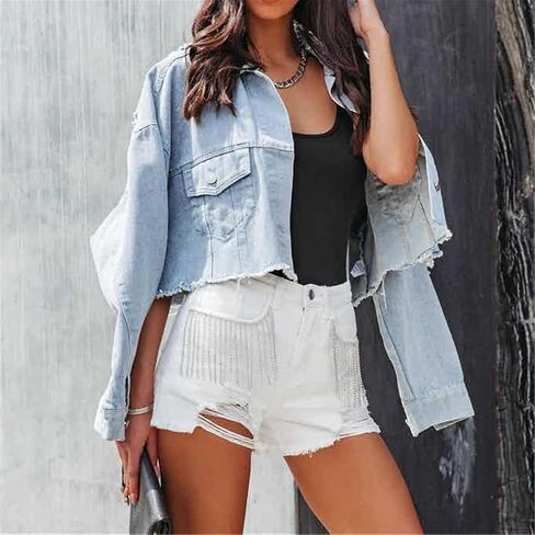 Women Mid Rise Ripped Stretchy Jeans Frayed Raw Hem Casual Tassels Denim Shorts in Kuwait