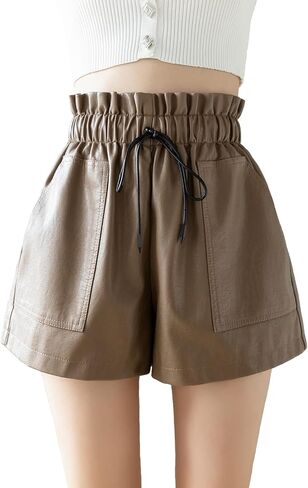 SCHHJZPJ High Waisted Wide Leg Black Faux Leather Shorts for Women in Saudi Arabia