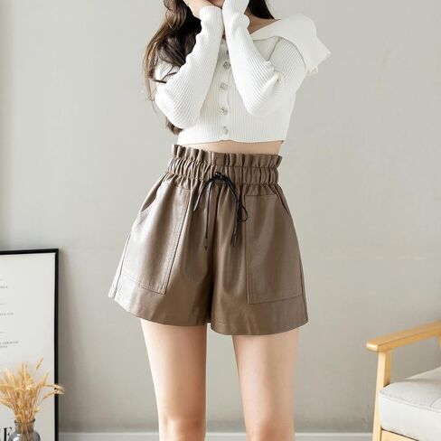 SCHHJZPJ High Waisted Wide Leg Black Faux Leather Shorts for Women in Saudi Arabia