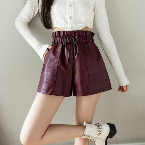SCHHJZPJ High Waisted Wide Leg Black Faux Leather Shorts for Women in Saudi Arabia