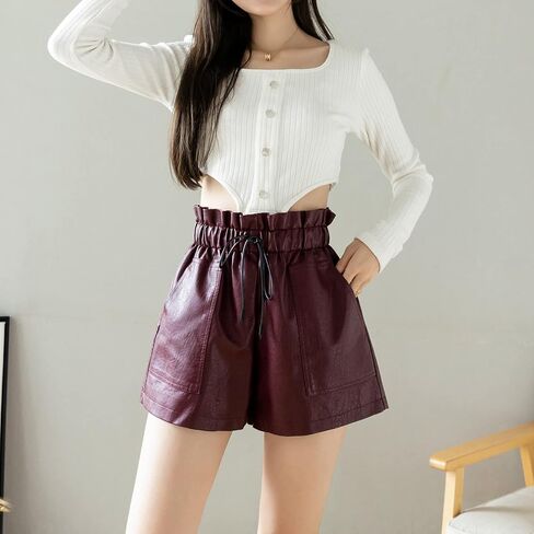 SCHHJZPJ High Waisted Wide Leg Black Faux Leather Shorts for Women in Saudi Arabia