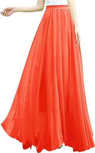 v28 Women Full/Ankle Length Elastic Pleated Retro Maxi Chiffon Long Skirt in Saudi Arabia