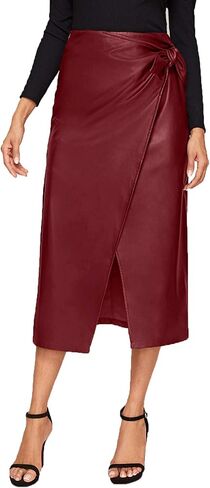 SweatyRocks Women's Elegant High Waist Knot Side Wrap PU Leather Midi Skirt in Saudi Arabia
