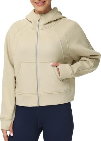 THE GYM PEOPLE Women's Full-Zip Up Hoodies Jacket Fleece Workout Crop Tops Sweatshirts with Pockets Thumb Hole in Kuwait