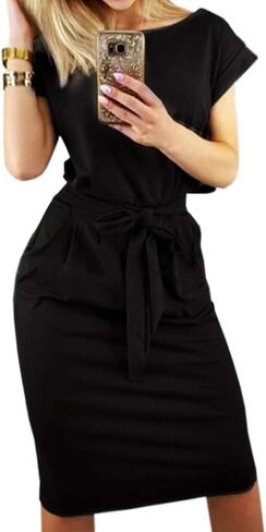 PALINDA Women's Striped Elegant Short Sleeve Wear to Work Casual Pencil Dress with Belt in Kuwait